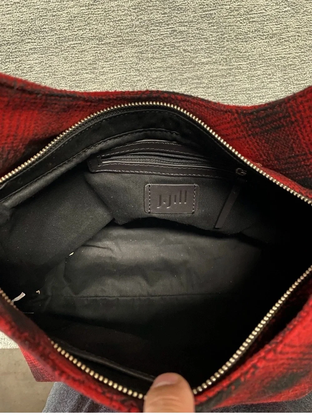 Large J Jill Wool Red and Black Plaid Hobo Bag with Leather Strap NWT